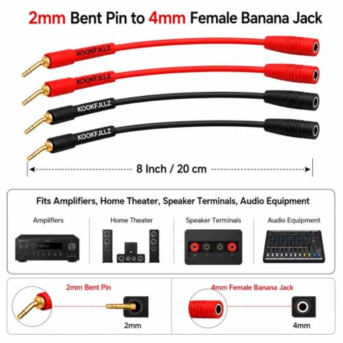 2mm Pin Plug to 4mm Female Banana Jack Adapter, 13AWG OFC Gold Plated Speaker Wire Connector for Spring Loaded Terminals Amplifier Home Theater, 8 Inch (4-Pack)