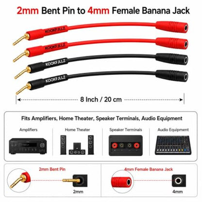 2mm Pin Plug to 4mm Female Banana Jack Adapter, 13AWG OFC Gold Plated Speaker Wire Connector for Spring Loaded Terminals Amplifier Home Theater, 8 Inch (4-Pack)
