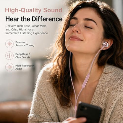 ADOOPE USB-C Wired Earbuds with Microphone, in-Ear Headphones for Android & USB-C Devices, Noise-Isolating Stereo Earphones with Inline Remote for Phone Calls, Music & Video - Pink - color: Pink