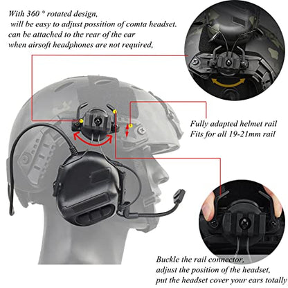Helmet Mode Tactical Shooting headset + with U94 PTT 2pin with ARC Rail Adapter Noise Reduction & Sound Pickup Ear Protection (Black) - color: Black