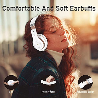 Bluetooth Headphones Over Ear, 6S Foldable Wireless Headphones with 6 EQ Modes, 40 Hours Playtime HiFi Stereo Headset with Mic, Soft Ear Pads, TF/FM for Cellphone/PC/Home (White & Gold) - color: Gold
