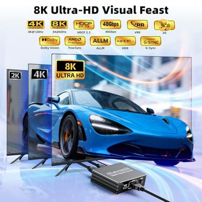 BolAAzuL HDMI 2.1 Splitter 1 in 2 Out 4K 120Hz w/ 8K HDMI Cable & Power | 8K 60Hz HDMI Y Splitter 1x2 with Audio Out for Dual Monitors Duplicate, HDCP 2.3 HDR 48Gbps VRR ALLM, for PS5/Xbox/PC/TV