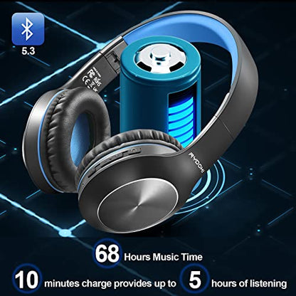 Rydohi Bluetooth Headphones Over Ear, 68H Playtime 3 EQ Music Modes Wireless Headphones with Microphone/Deep Bass, Foldable Lightweight Headset for PC Home Travel Office(Black Blue) - color: Black Blue
