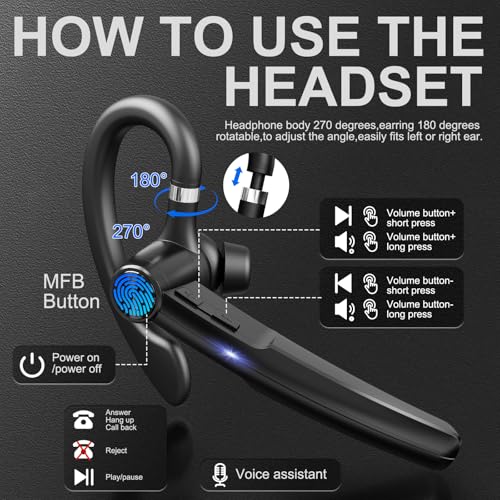 Bluetooth 5.3 Headset, 60Hrs Single Ear Earpiece with Mic | LED Charging Case, Noise Cancelling Mic, Hands-Free Calls for Business, Driving & Meetings
