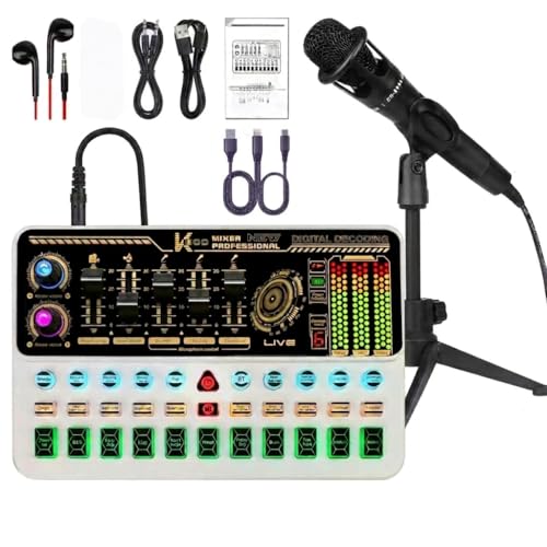Podcast Equipment Bundle, Basic Audio Interface with Mic and Stand, Denosing, Ducking, Remove Vocals, Loopback, Easy Used Podcast Bundle for KTV,Streaming,Podcasting,YouTube, TikTok(White) - color: White