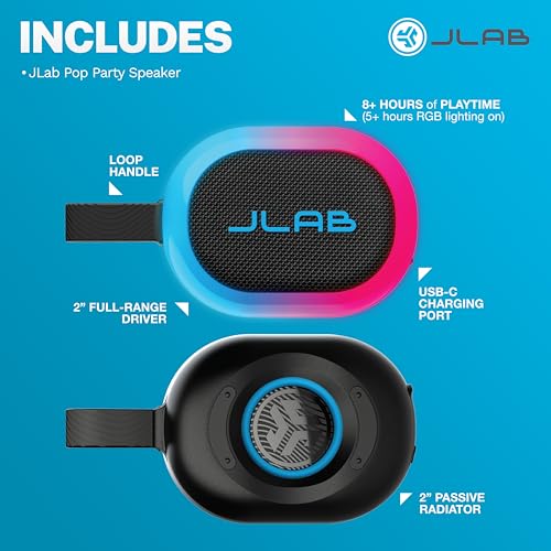 JLab, Pop Party, Portable Bluetooth Speaker, Waterproof IP55, Customizable RGB LED, Black - color: Midnight Black
