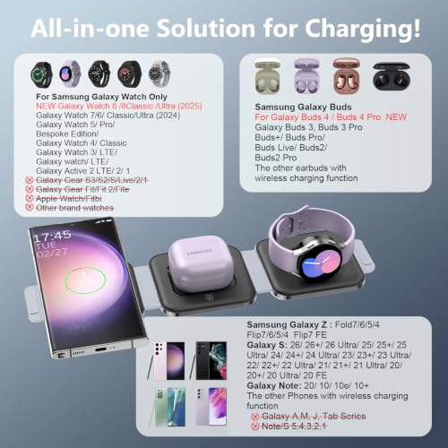 Travel Charger for Samsung Multi Devices, Foldable 3 in 1 Wireless Charging Station Fast Charging Stand/Pad Compatible for Samsung Galaxy S26/S25/S24/S23/S22/Note20 Galaxy Watch8/7/6/5/4/Galaxy Buds4 - color: black grey