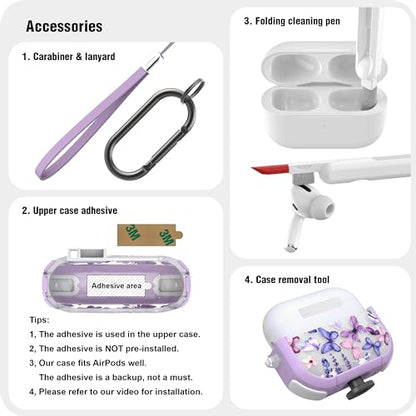 WENEW Case for AirPods Pro & Pro 2 Case Cover Secure Lock Automatic Snap Switch Clip Cleaner Kit Lanyard Women Stylish Hard Shell Full Body Front LED Visible (Purple Butterfly, AirPods Pro & Pro 2) - color: Purple Butterfly, size: AirPods Pro & Pro 2