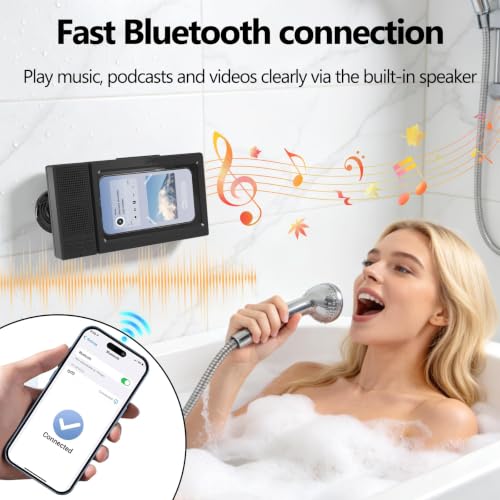 Shower Phone Holder with Wireless Bluetooth Speaker,- 480°Rotatable Retractable Adjustable Shower iPhone Case, Bathroom Wall Phone Stand Water Proof Anti Fog,Accessories for 4-7"Cellphones (Black)