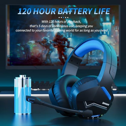 BINNUNE Wireless Gaming Headset for PS5 PC, 120H Ultra-Long Battery, 2.4GHz & Bluetooth 5.3 Wireless Gaming Headphones, PS5 Hadset Wireless with Mic, 50mm Drivers, Comfort Over Ear Headphones,Blue - color: Blue