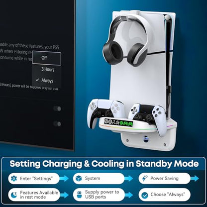 P S5 Wall Mount Kit with Cooling Fan and Charging Station Compatible with PS5/ Slim/ Pro Disc and Digital, PS Five Floating Shelf with 9 RGB Lights, PS 5 Mount Behind TV, P5 Accessories for Gaming, White - color: White