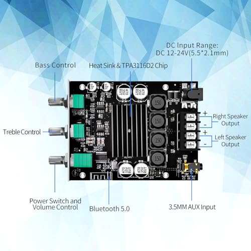 ZK-1002T Bluetooth Audio Amplifier Board,100W×2Power Amplifier,DC12-24V Bluetooth Audio Power Amplifier Board, Board with Treble and Bass Control,Supports AUX/Bluetooth - size: ZK-1002T