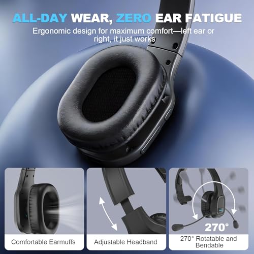 Bluetooth Headset for Truck Drivers, Single Ear Wireless Headset with Mic and USB Dongle, AI Noise Canceling Microphone, Mute Button, 45H Talk Time for Office Calls, Call Center, Phone and PC