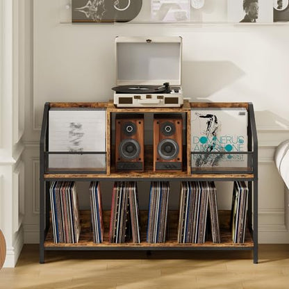 43" Vinyl Record Storage Holder, Large Record Player Table, Holds up to 400 Albums, Vinyl Record Player Display Stand, Removable Dividers, for CD, Audio Equipment Storage, Rustic Brown TCW77BF