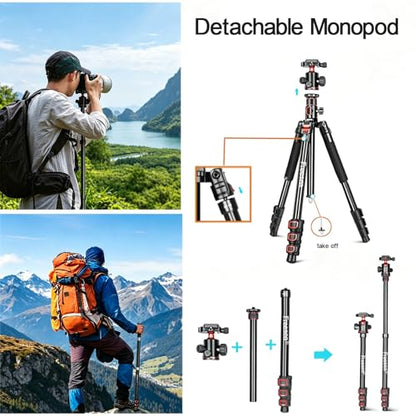 FreeSea MT-339 72" Camera Tripod with Detachable Monopod | 360° Ball Head & Quick Release Plate, Aluminum Alloy, 15KG Load Capacity, for DSLR & Video Camera, with Storage Bag