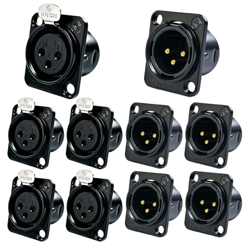 RIVIERA XLR Panel Mount Chassis 3pin Male & Female Nickel Plated Metal Housing and 24K Gold-Plated Contacts (5 Male + 5 Female Black) - color: Black, size: Male+Female
