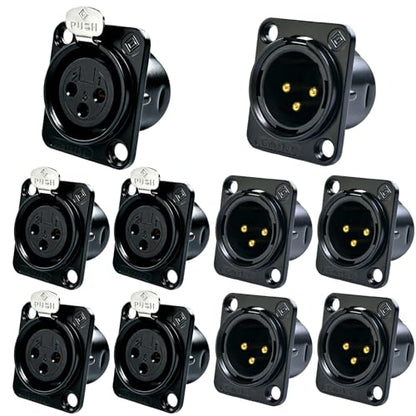 RIVIERA XLR Panel Mount Chassis 3pin Male & Female Nickel Plated Metal Housing and 24K Gold-Plated Contacts (5 Male + 5 Female Black) - color: Black, size: Male+Female