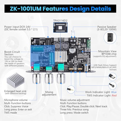 ZK-1001UM Bluetooth 5.3 Amplifier Board, 100W Mono Audio Amp with TWS Box | Mini Boost Circuit Amps for Home Outdoor DIY Speakers, MIC and Reverb, USB/AUX Input,DC 9-24V (2 Pack) - color: Silver 2PCS ZK-1001UM
