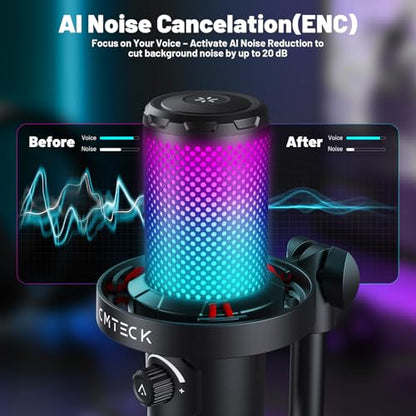 CMTECK USB 마이크, 스튜디오 품질, PC/노트북용 맞춤형 RGB 조명 | LED로 빠른 음소거, 플러그 앤 플레이, 노이즈 캔슬링. 3.5mm 제로 레이턴시 잭 및 게인. 팟캐스트, 스트리밍용 - color: 블랙.