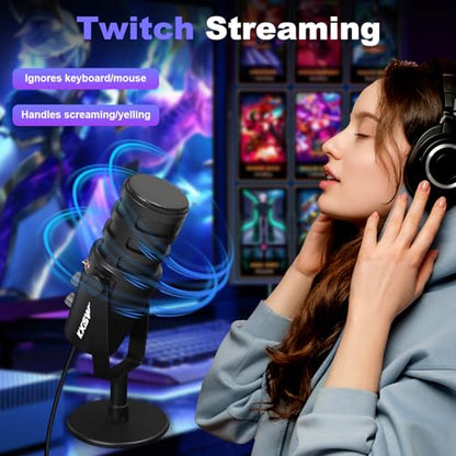Professional Dynamic USB Microphone for Streaming Podcast Recording Gaming, with Broadcast Sound, Noise Reduction, USB-C/XLR Dual Output, Cardioid Pattern, Plug & Play for PC/Computer/Laptop