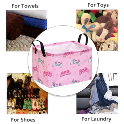 MAIZMZ Girls Storage Basket,Pink Controller Print Kids Hamper,Waterproof Lining, Leather Handles, Collapsible for Gamer Girls, Toys, Clothes, Gift Basket - color: Pink Handle