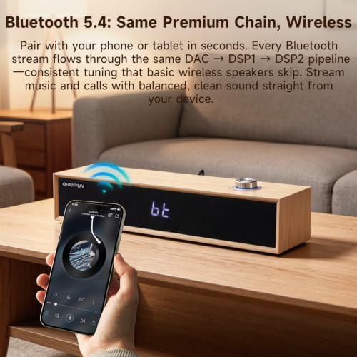 Sanyun SW012 Desktop PC Soundbar, USB-C for Power and Audio & Bluetooth 5.4 | Music & Conference Modes, MDF Wood Cabinet with Clock Display, Built-in 16bit DAC, Clear balanced sound, Plug and Play, White - color: White