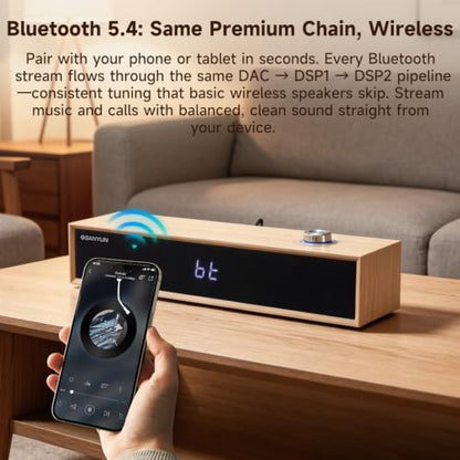 Sanyun SW012 Desktop PC Soundbar, USB-C for Power and Audio & Bluetooth 5.4 | Music & Conference Modes, MDF Wood Cabinet with Clock Display, Built-in 16bit DAC, Clear balanced sound, Plug and Play, White - color: White