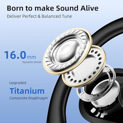 Open Ear Wired Earbuds 3.5mm Headphone with Mic Right Angled Ear Hook Black | In Line Control Hifi Stereo AUX 3.5mm Jack Sport Corded Earphone for iPod CD Player Android Phone Travel Airplane Work School