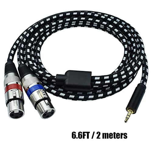 3.5mm to Dual XLR Female Splitter Y Cable 6.6 Feet | 1/8 Inch Mini Stereo to 2 XLR Female Breakout Audio Cord, Nylon Braided OFC Shielded Mic Adapter for Camera,Mixer,Podcasting