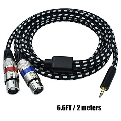 3.5mm to Dual XLR Female Splitter Y Cable 6.6 Feet | 1/8 Inch Mini Stereo to 2 XLR Female Breakout Audio Cord, Nylon Braided OFC Shielded Mic Adapter for Camera,Mixer,Podcasting