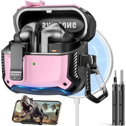 Safety Lock Case for Samsung Galaxy Buds3 FE/Pro/3 (Purple) | Compatible with MagSafe, with Phone Stand& Cleaning kit,Keychain, - color: Pink