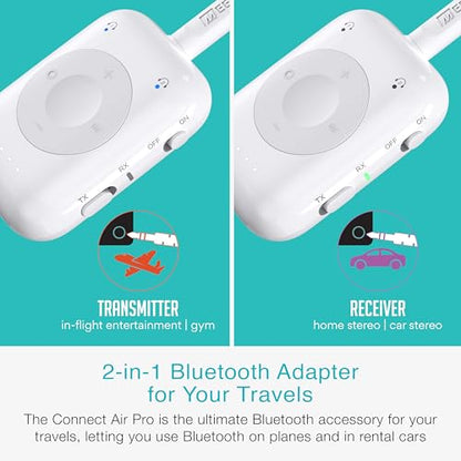MEE audio Connect Air Pro (2 PACK) Bluetooth Wireless Audio Transmitter & Receiver for AirPods or Bluetooth Headphones, 2-in-1 Adapter with Detachable Cable for 3.5mm devices on Airplanes, Black&White - color: 2PK Black+White, style: Connect Air Pro