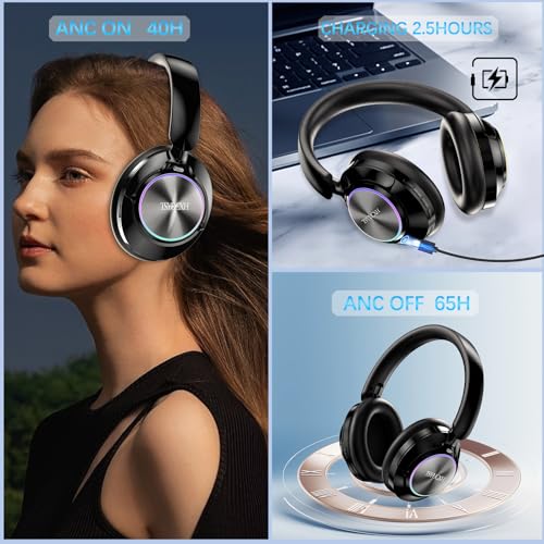 Noise Cancelling Over Ear Wireless Bluetooth Headphones with Microphone, 65h Playtime, Clear Calls, Comfort Fit for Travel (Beige) - color: Beige