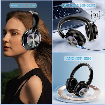 Noise Cancelling Over Ear Wireless Bluetooth Headphones with Microphone, 65h Playtime, Clear Calls, Comfort Fit for Travel (Black) - color: Black