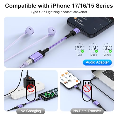 USB C to Lightning Adapter,iPhone 17e Headphone Adapter for iPhone 17e,17,Air,17 Pro,17 Pro Max,16 15 Pro Max Plus,USB C Male to Lightning Female Earbuds Adaptor Dongle Earphone Converter (NO CHARGE) - color: Purple