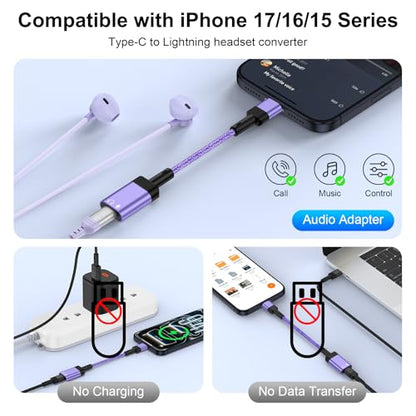 USB C to Lightning Adapter,iPhone 17e Headphone Adapter for iPhone 17e,17,Air,17 Pro,17 Pro Max,16 15 Pro Max Plus,USB C Male to Lightning Female Earbuds Adaptor Dongle Earphone Converter (NO CHARGE) - color: Purple