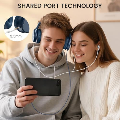 USB C Wired Over-Ear Headphones with Microphone | Volume Control, Share Port, Adjustable Headband Foldable Stereo Headset for Adult/Teens for iPhone 16, Laptop, Gaming, Travel - color: Blue