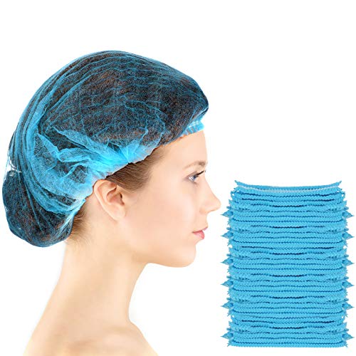 100 Pcs Disposable Nonwoven Bouffant Caps 21 Inch Hair Net Elastic Cap Hair Cover Hats for Beauty Salon Hospital Spa Catering Dust-free Workspace(Blue) - color: Blue