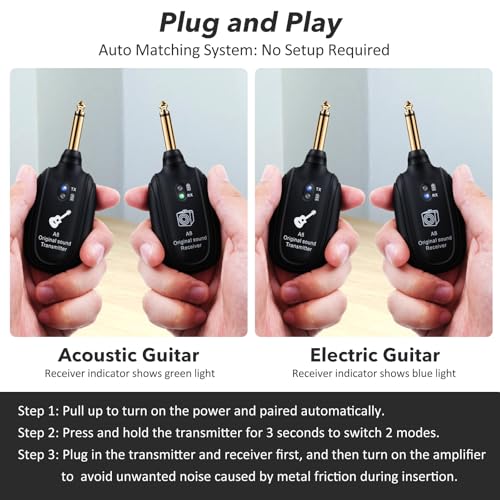 A8 Wireless Guitar System UHF 2 Modes, 100ft Range, 2TX + 1RX
