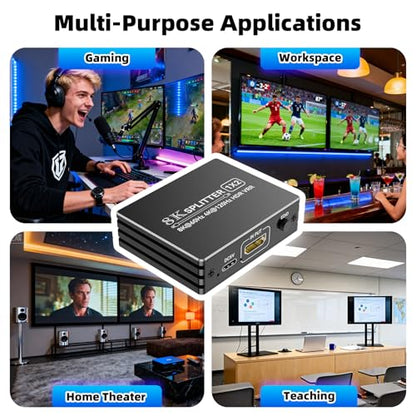 BolAAzuL HDMI 2.1 Splitter 1 in 2 Out 4K 120Hz w/ 8K HDMI Cable & Power | 8K 60Hz HDMI Y Splitter 1x2 with Audio Out for Dual Monitors Duplicate, HDCP 2.3 HDR 48Gbps VRR ALLM, for PS5/Xbox/PC/TV