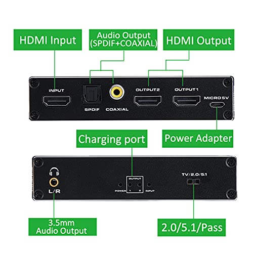 HDMI Splitter 1 in 2 Out, 4K@60Hz HDMI Splitter 1x2 with Audio Extractor 3.5mm Audio Jack + Coaxial + Optical Toslink SPDIF for Xbox, PS4, Blu-ray