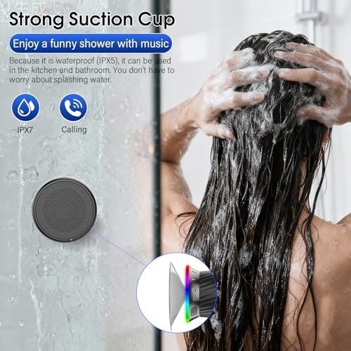 Rotary Bluetooth Shower Speaker with RGB Lights, IPX5 Waterproof Portable Speaker with Suction Cup, Deep Bass Mini Bluetooth 5.3 Speaker with Built-in Mic, 8H Playtime for Bathroom, Pool & Travel - color: Black