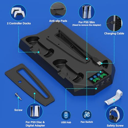 PS5/Slim/Pro Cooling Station with Controller Charging Station for PlayStation 5 Slim/Pro Console, PS5 Cooling Stand Cooler Accessories Incl Cooling Fan, 3 USB Hubs, Headset Holder, Screw - Black - color: Black