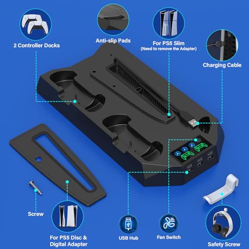 PS5/Slim/Pro Cooling Station with Controller Charging Station for PlayStation 5 Slim/Pro Console, PS5 Cooling Stand Cooler Accessories Incl Cooling Fan, 3 USB Hubs, Headset Holder, Screw - Black - color: Black