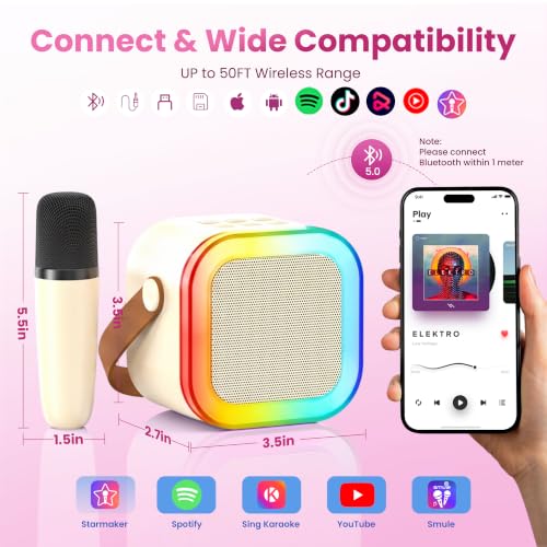 Mini Karaoke Machine, Portable Bluetooth Speaker & 2 Wireless Microphones | Karaoke Player Karaoke Microphone For Family Home Party Outdoor With HI-FI Sound | 5 Magic Sound | PA System | USB | TF | AUX - color: Light Beige
