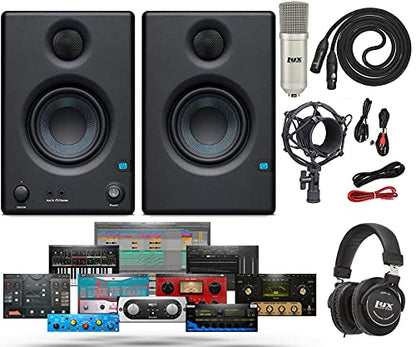 PreSonus Pair of Eris E3.5 3.5" 2-Way 25W Studio Monitors with and Professional Condenser Recording Microphone, Shockmount XLR Kit