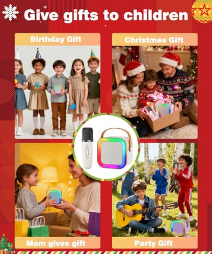 Mini Kids Karaoke Machine Toy Ages 3-12, 2 Wireless Mics Bluetooth Speaker | LED Party Lights, Voice Changer, Duets, BT 5.3, Rechargeable Portable, Christmas Birthday Gifts for Toddler Boys & Girls - color: Off-White - 2 Mics