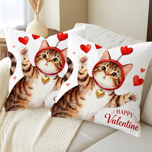 Cat Throw Pillow Covers Set of 2, Playful Fanciful Hearts Red Headband Valentine Red with Hidden Zipper Pattern Pillow Covers for Home Bedroom Living Room Sofa Couch Decor 22x22 Inch - size: 22" x 22" (Pack of 2)