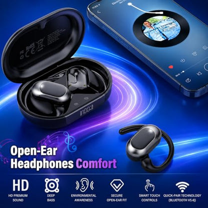 Open Ear Headphones, NEW Over Ear Earbuds with 4 ENC Noise-Canceling Mic | Ultra-Comfort Bone Conduction Earbuds, BT5.4, HD Stereo, IPX7 Waterproof, Ergonomic Earhooks,36H Sports Ear Buds for Running - color: A-Deep Black