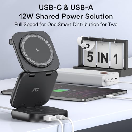 5-in-1 Wireless Charger for MagSafe, AC ISLAND Portable Travel Charging Station, 35W Max Qi2 Fast Foldable Magnetic Stand, Evolved for iPhone 17-12 Series, Apple Watch, AirPods (with 35W Adapter) - color: Black